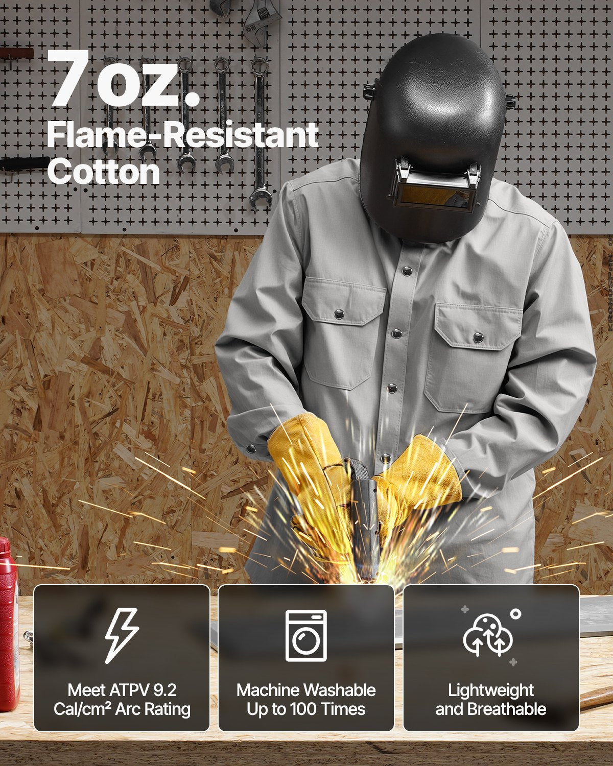 FR Shirts For Men, 7oz. Flame Resistant Welding Jacket, Machine Washable Cotton Heat-Resistant Welding Shirt, Meets ATPV 9.2 Cal/cm² Arc Rating - L Size