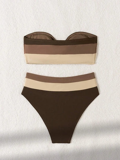 Women's Two-piece Coffee Colored Bikini Swimsuit Strapless Fashion Quick Drying