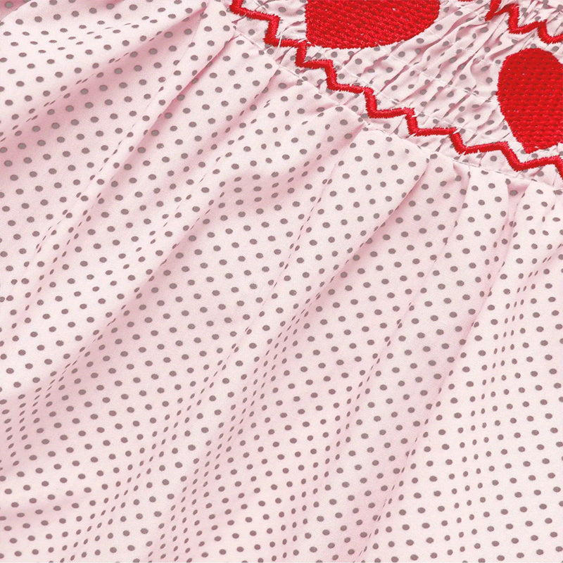 Baby Girl's Short Sleeve Pink Romper, Polka Dot Pattern With Heart Embroidery And Ruffle Detail