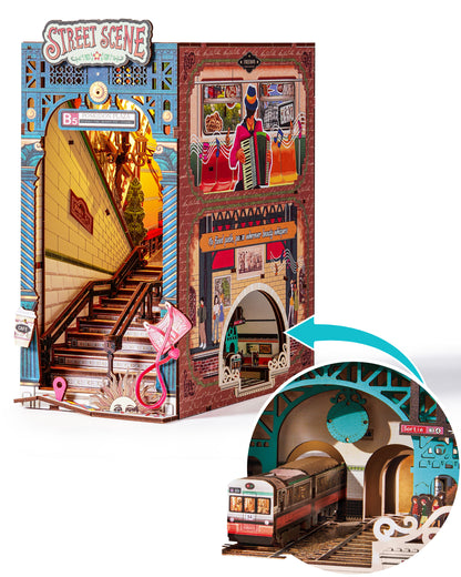 Rolife Urban Street Scene Bookend Set - 3D Subway Scene, 3D Puzzle Set With LED Lights, 196 Wooden Puzzle Pieces, Bookshelf Decoration With Dust Cover, Modern Urban 3D Model Gift