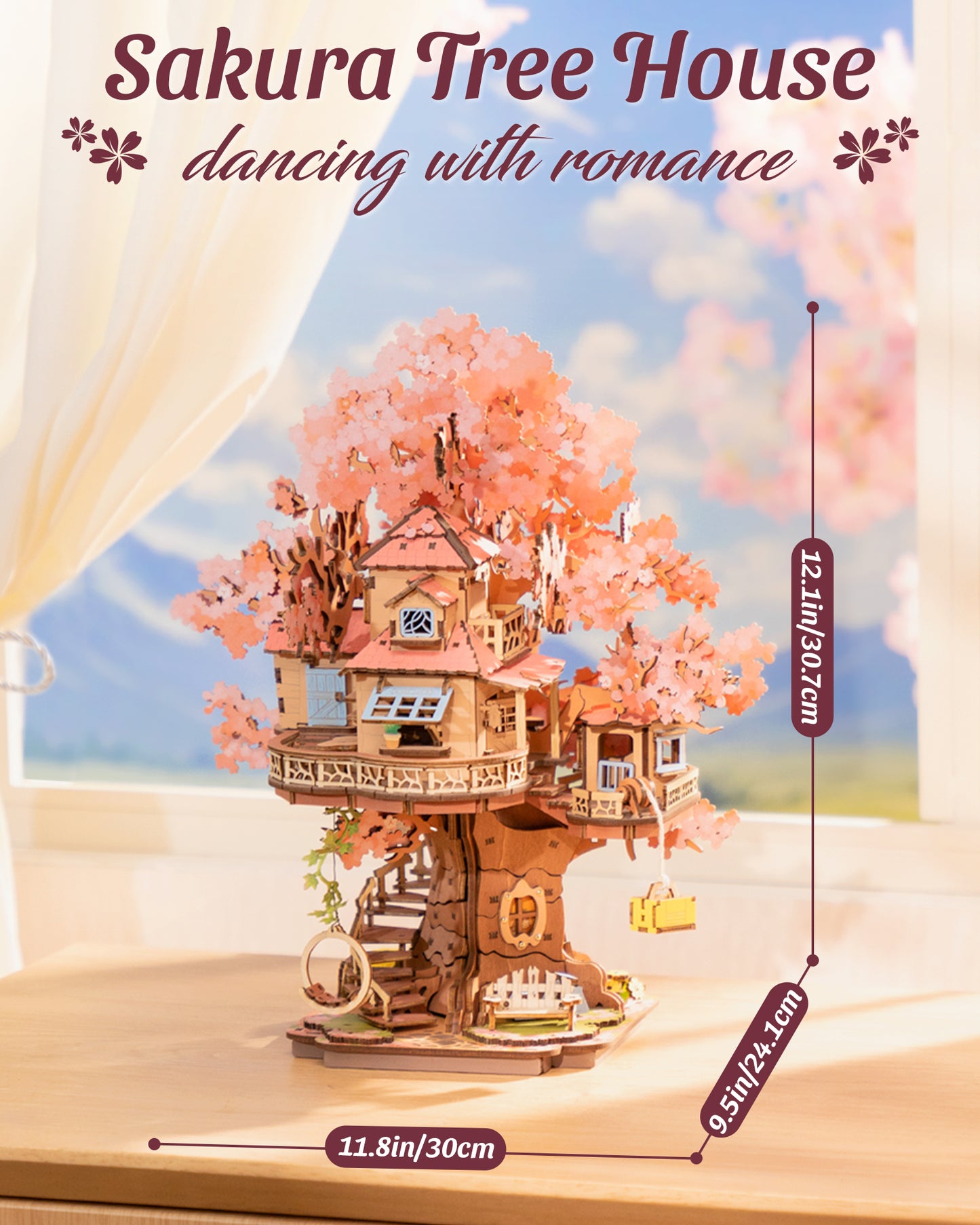 Rolife DIY Miniature Sakura House Set - Sakura Tree House, 3D Wooden Japanese Sakura Building Kit With Swing And Spiral Staircase, 535 Pieces, Bonsai Craft Home Decor Gift For Adults And Teens