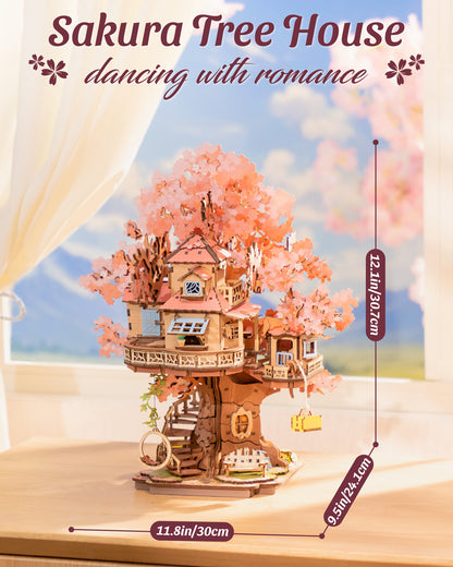Rolife DIY Miniature Sakura House Set - Sakura Tree House, 3D Wooden Japanese Sakura Building Kit With Swing And Spiral Staircase, 535 Pieces, Bonsai Craft Home Decor Gift For Adults And Teens