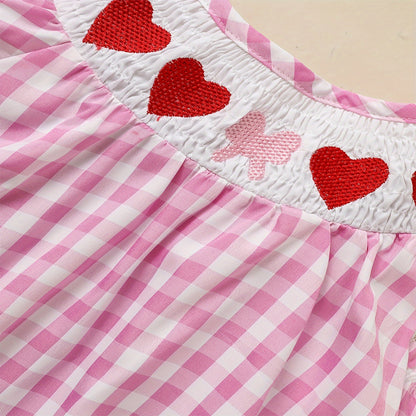 Baby Girl's Short Sleeve Checkered Romper Heart Embroidery & Ruffle Detail With Back Cut-Out And Snap Closure