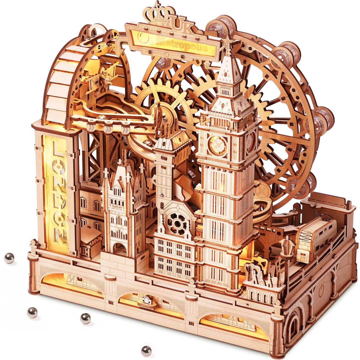 ROKR 3D Wooden Puzzle Marble Track - London City Model With LED Lights, 431-Piece Mechanical Building Set, Perfect For DIY Educational Engineering Art Gifts For Adults And Teens