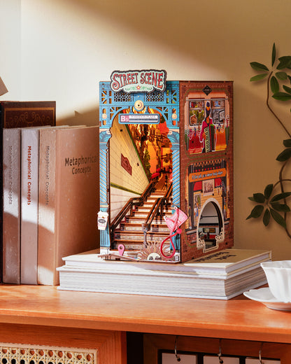 Rolife Urban Street Scene Bookend Set - 3D Subway Scene, 3D Puzzle Set With LED Lights, 196 Wooden Puzzle Pieces, Bookshelf Decoration With Dust Cover, Modern Urban 3D Model Gift