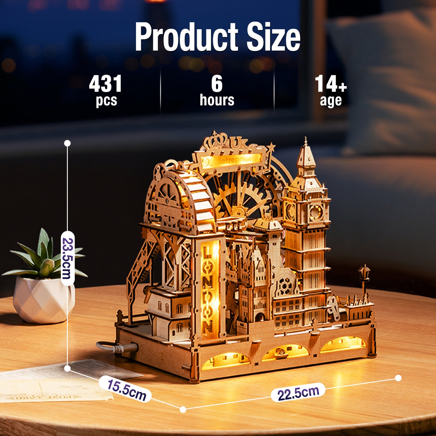 ROKR 3D Wooden Puzzle Marble Track - London City Model With LED Lights, 431-Piece Mechanical Building Set, Perfect For DIY Educational Engineering Art Gifts For Adults And Teens