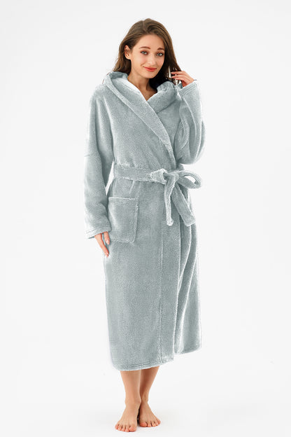 RONGTAI Womens Hooded Robe Long Plush Fleece Bathrobe With Pockets Nightwear S-XXL