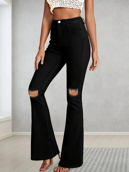 Women's Jeans In Plus Size, American Style With Ripped Holes, Micro Flared Jeans, High Waisted Flared Pants, Elastic Slim Fit Pants, Slimming Pants, Trendy Loose Casual Versatile Denim Straight Leg Pa