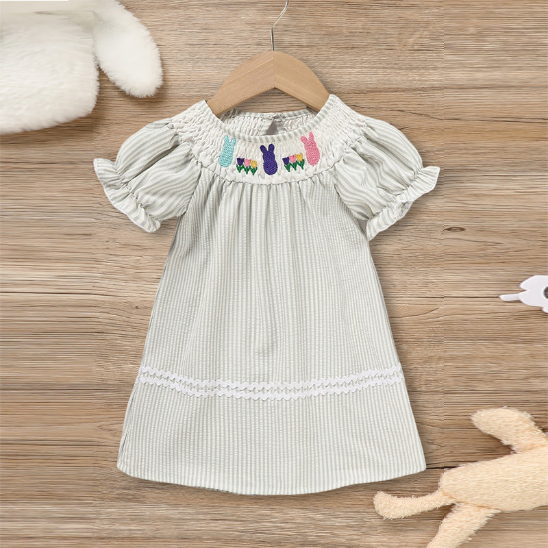 Toddler Girl's Cute Dress, Bunny & Floral Embroidery Checkered A-Line Dress With Lace Trim