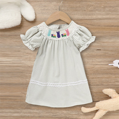 Toddler Girl's Cute Dress, Bunny & Floral Embroidery Checkered A-Line Dress With Lace Trim