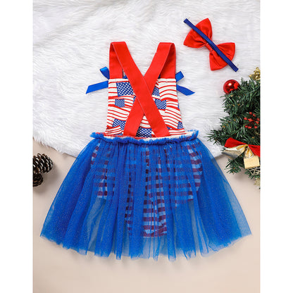 Baby's Independence Day Style Flag Pattern Triangle Bodysuit, Casual Sleeveless Bowknot Romper