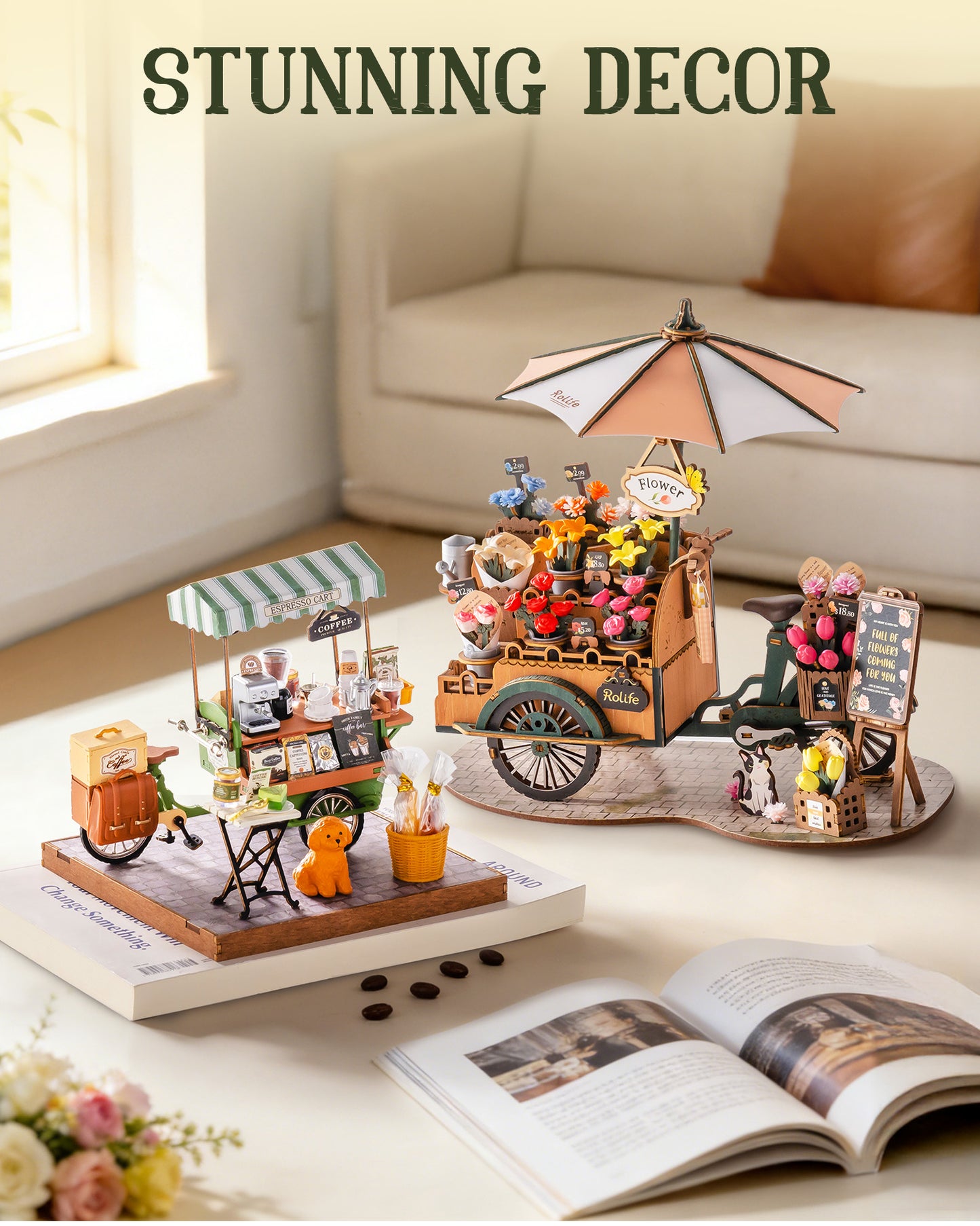 Rolife Coffee Cart Mini DIY Kit, 290-piece 3D Wooden Dollhouse Model, European Street Style, No Glue Required, Desktop Decoration And Handmade Gift For Adults