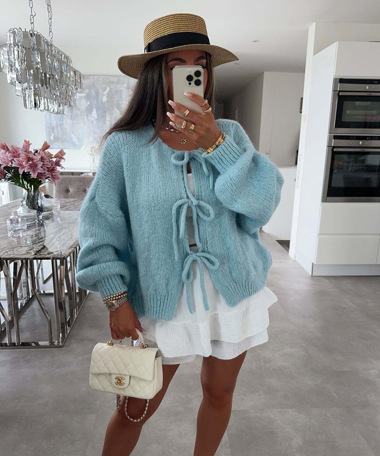 Casual Knitted Bow Lace Up Cardigan Women Solid O-neck Short Sleeve Hollow Out Sweater Female Autumn Lady Solid Streetwear