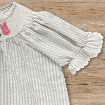 Toddler Girl's Cute Dress, Bunny & Floral Embroidery Checkered A-Line Dress With Lace Trim