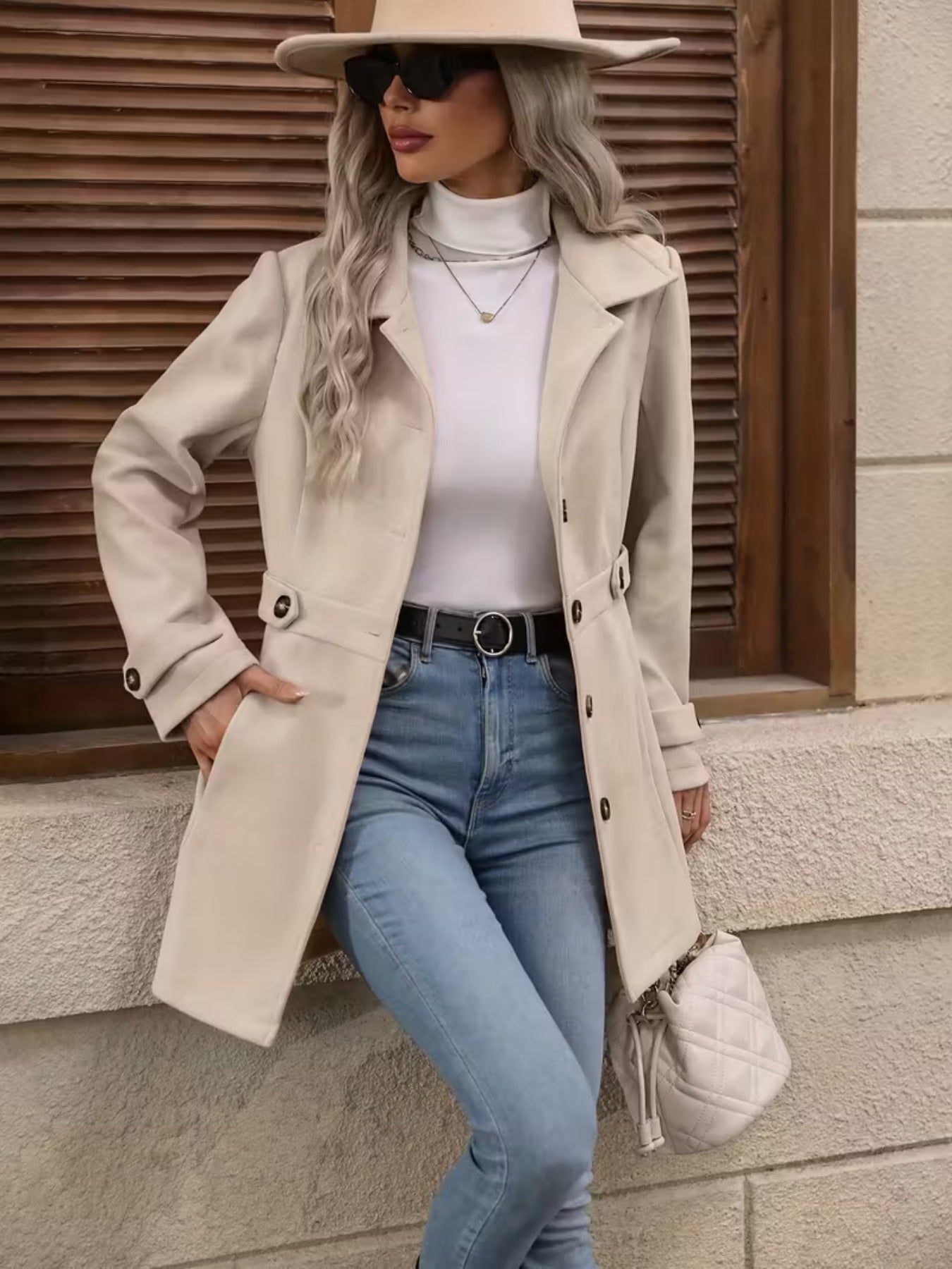 New Style Women's Autumn And Winter Medium-length Elegant Woolen Coat, Lapel Button Elegant Slim-fitting Woolen Coat