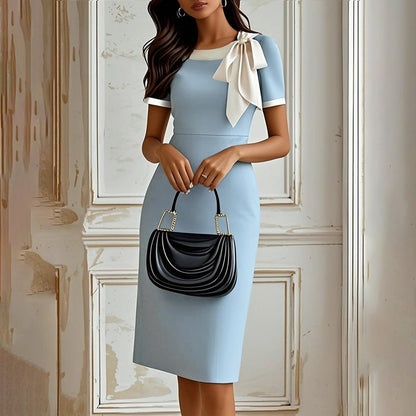 Women's Round Neck Bow Knot Contrast Color Bodycon Knee-Length Short Sleeve Dress Summer Party & Banquet Dress