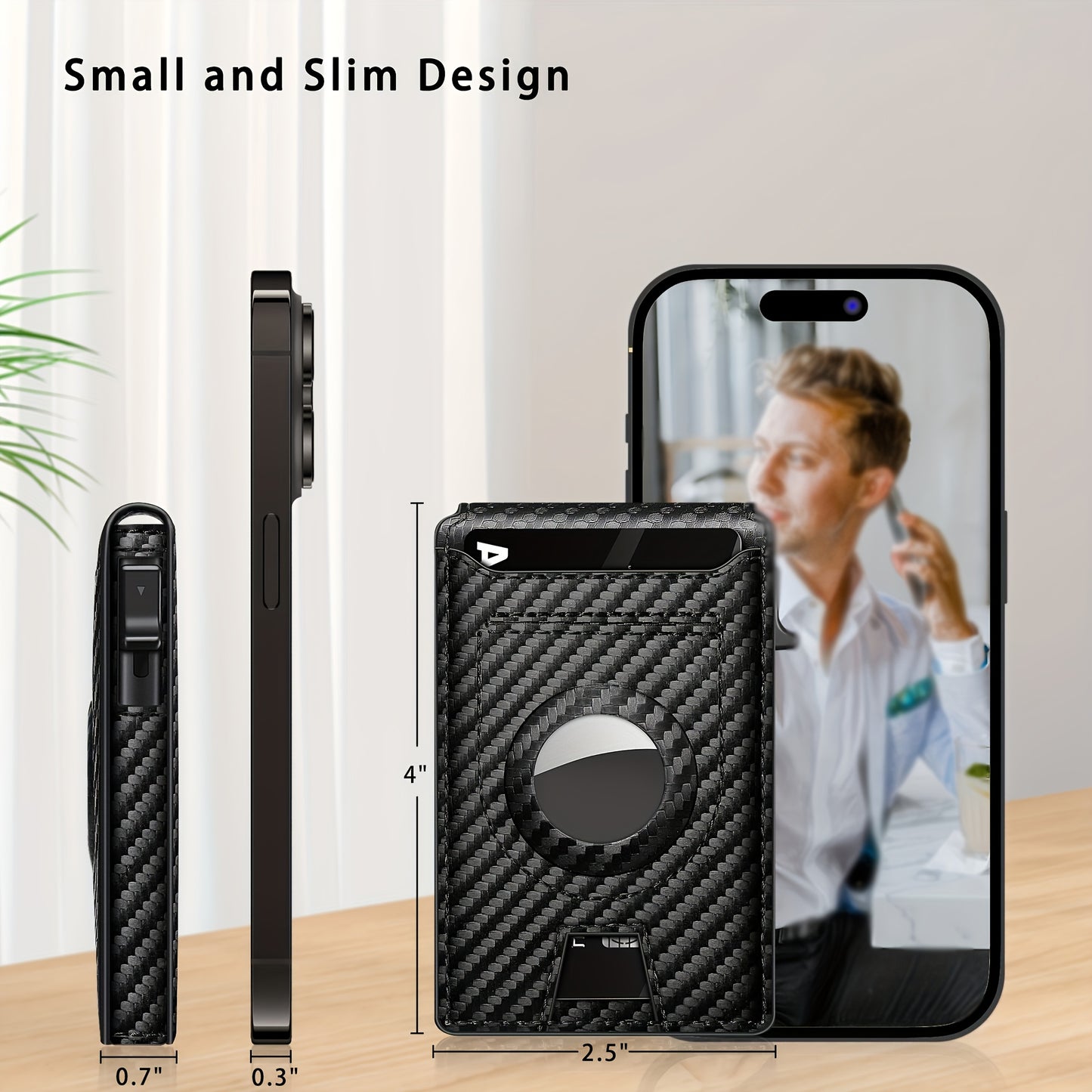 Men's Carbon Fiber RFID Blocking Bi-Fold Wallet With Pop-Up Aluminum Card Slot And AirTag Slot - Minimalist Black Credit Card Holder