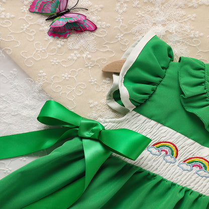 Toddler Girl's Ruffle Sleeve Dress Rainbow Embroidery & Bow Detail With Back Button Closure