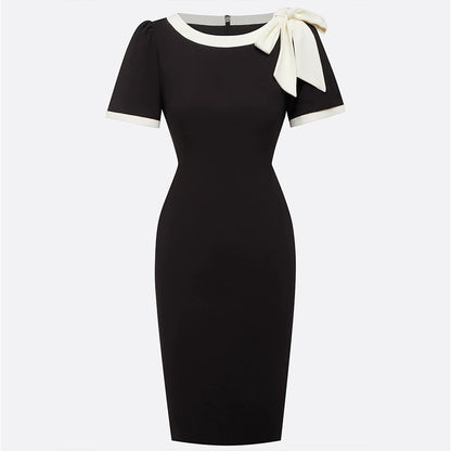 Women's Round Neck Bow Knot Contrast Color Bodycon Knee-Length Short Sleeve Dress Summer Party & Banquet Dress