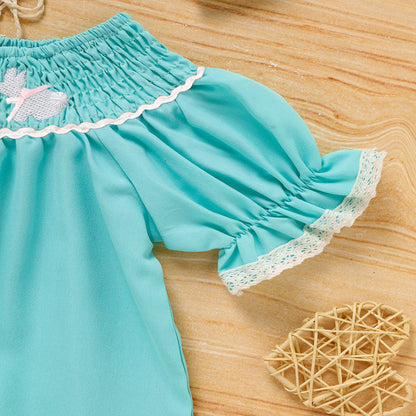 Toddler Girl's Bunny Dress Bow Headband Ruffle Sleeve Smocked Dress With Rabbit Embroidery For Summer