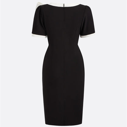 Women's Round Neck Bow Knot Contrast Color Bodycon Knee-Length Short Sleeve Dress Summer Party & Banquet Dress