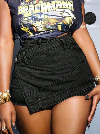 Grunge Punk Street New Vintage Stretchy Overlap Waist Wrap Asymmetric Hem A-Line Skinny Denim Skorts Halloween Clothes Jeans