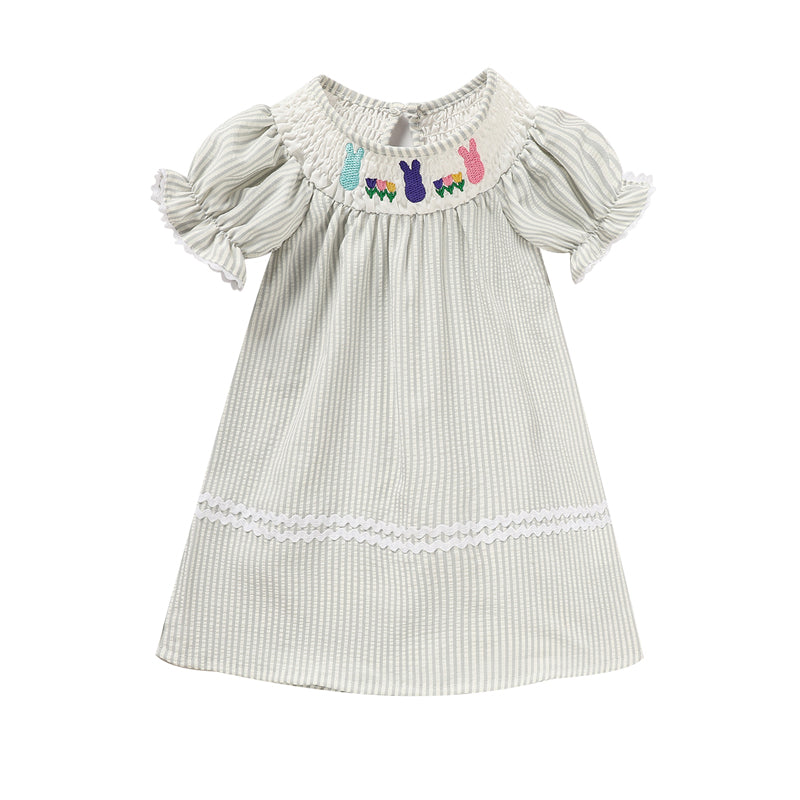 Toddler Girl's Cute Dress, Bunny & Floral Embroidery Checkered A-Line Dress With Lace Trim