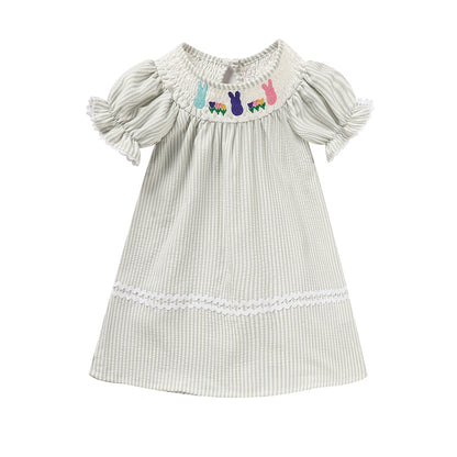 Toddler Girl's Cute Dress, Bunny & Floral Embroidery Checkered A-Line Dress With Lace Trim