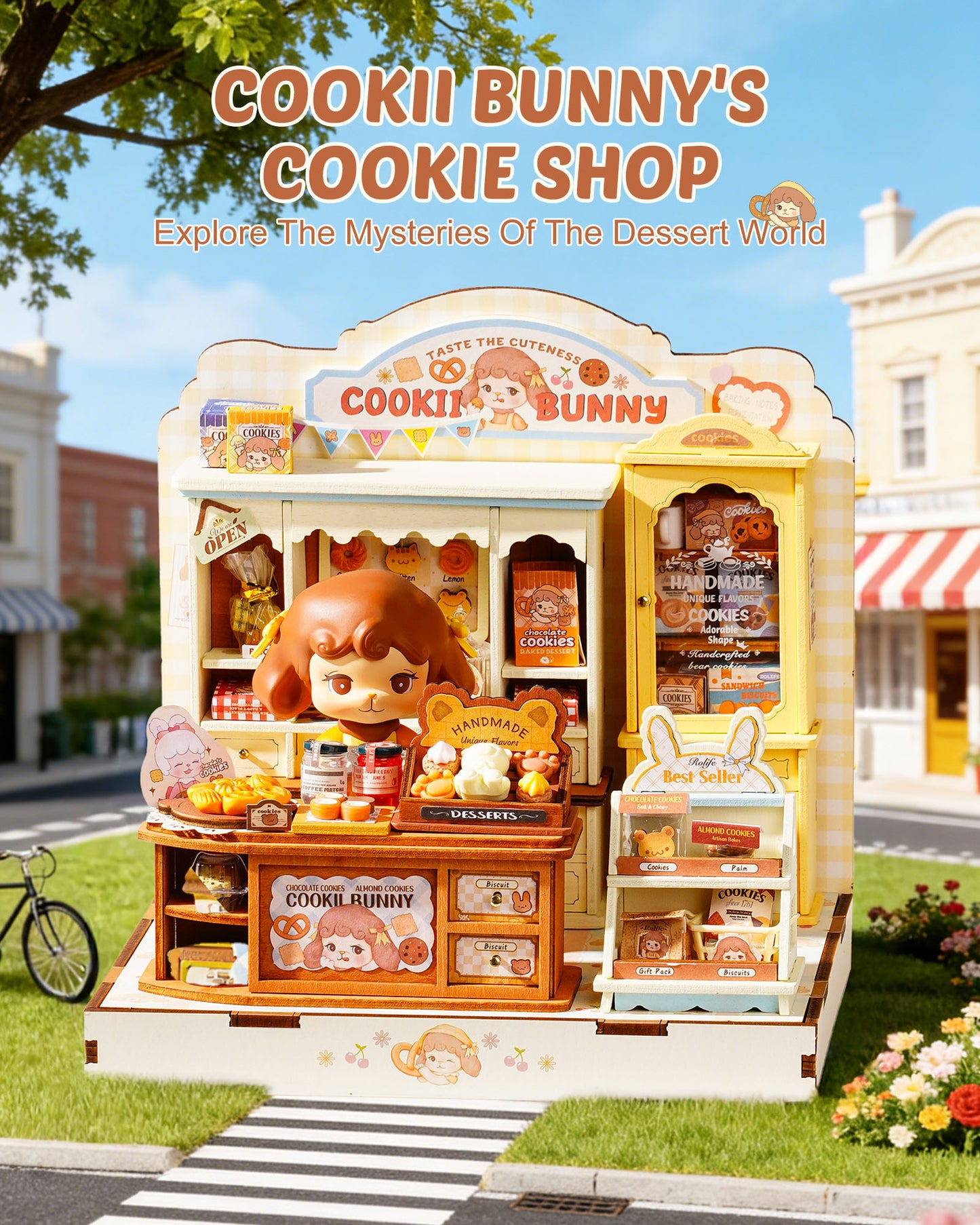 Rolife Cookii Rabbit's Biscuit Shop Mini DIY House Kit, 182-Piece Wooden Bakery Dollhouse, No Glue Required, Home Decor For Adults And Teens, Adorable Gift For Women