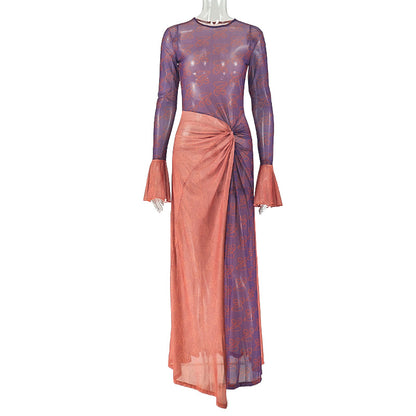 Women's Lightweight Sheer High-Low Skirt Round Neck Ruffled Long Sleeve Dress