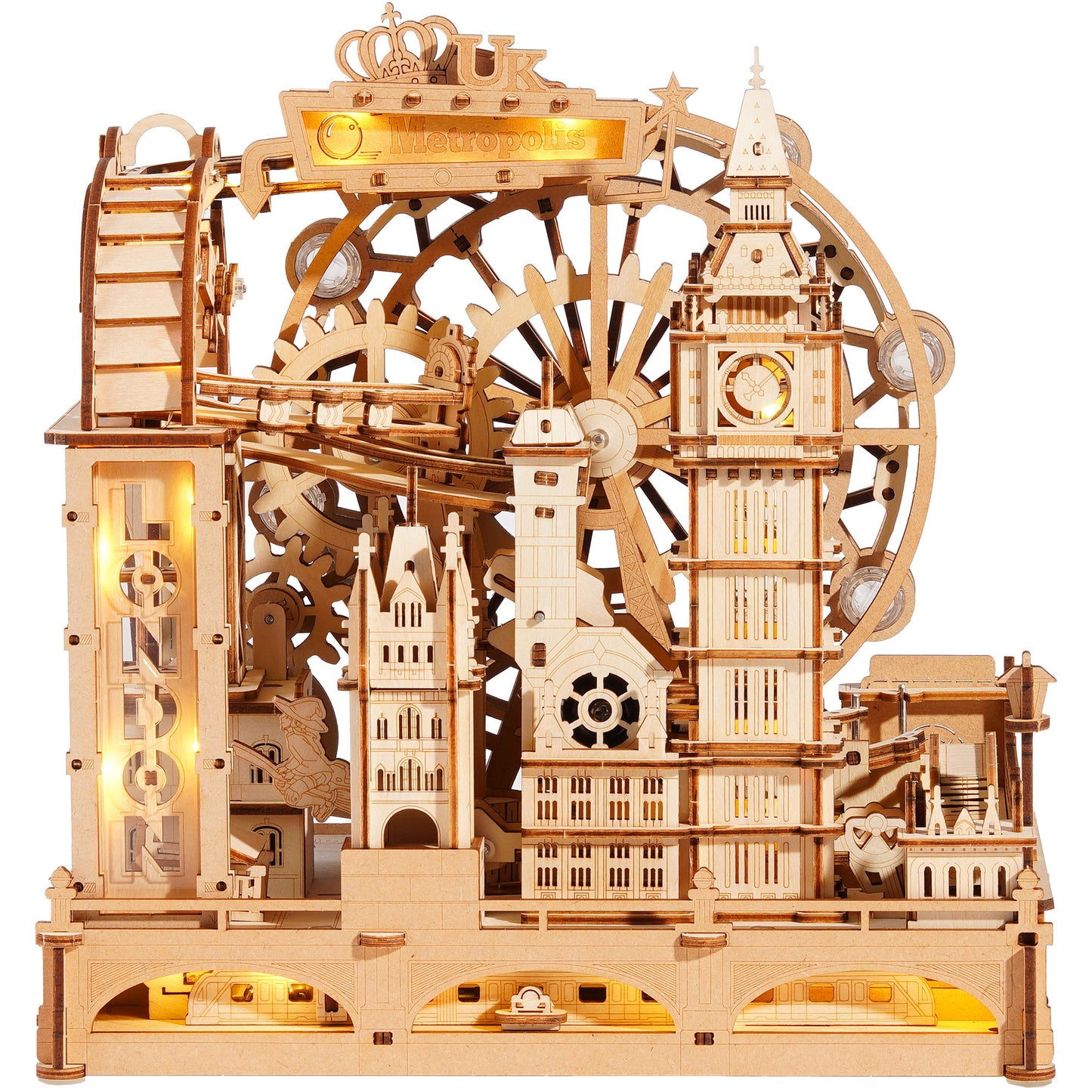 ROKR 3D Wooden Puzzle Marble Track - London City Model With LED Lights, 431-Piece Mechanical Building Set, Perfect For DIY Educational Engineering Art Gifts For Adults And Teens