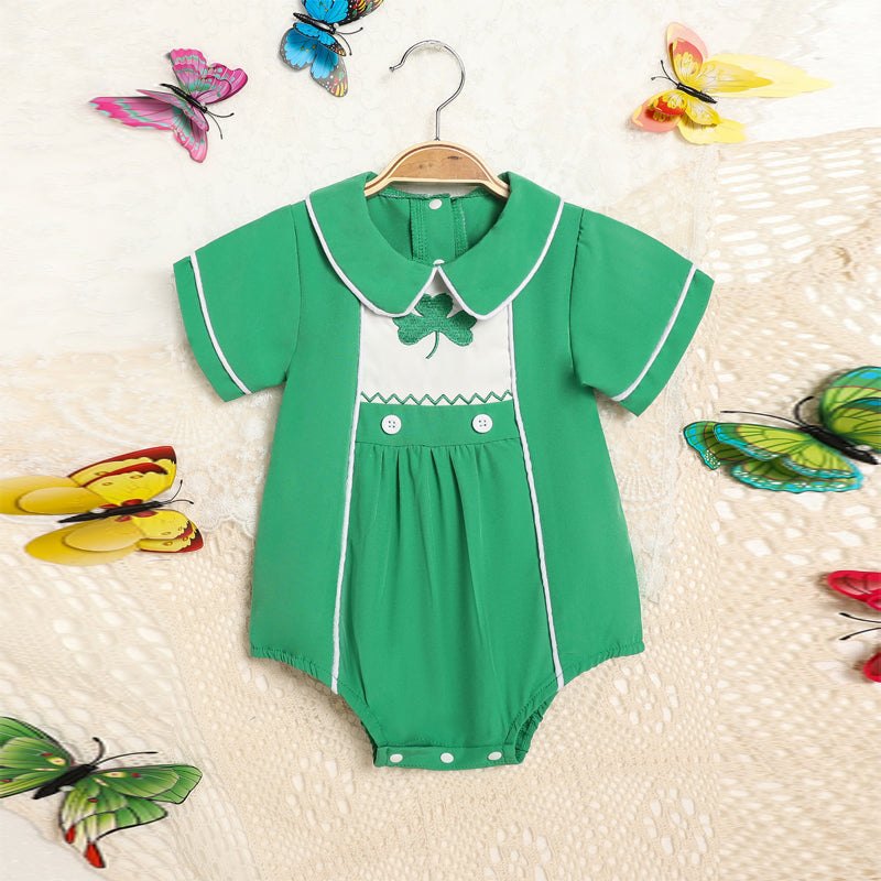 Baby Green Lapel Short Sleeve Romper Clover Print Button Detail Playsuit With Snap Closure