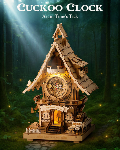 ROKR 3D Wooden Cuckoo Clock Puzzle, A Fun 3D Clock Puzzle Toy With LED Lights And Cuckoo Sounds, 435-piece Mechanical Wall Clock DIY Assembly Set, Suitable For Adults,LC901