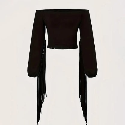 Women's Solid Color Western Cowgirl Style Off-Shoulder Fringe Top - Sexy Slim Fitted Long Sleeve Tassel Blouse