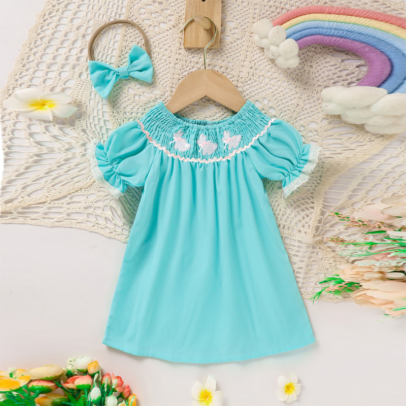 Toddler Girl's Bunny Dress Bow Headband Ruffle Sleeve Smocked Dress With Rabbit Embroidery For Summer
