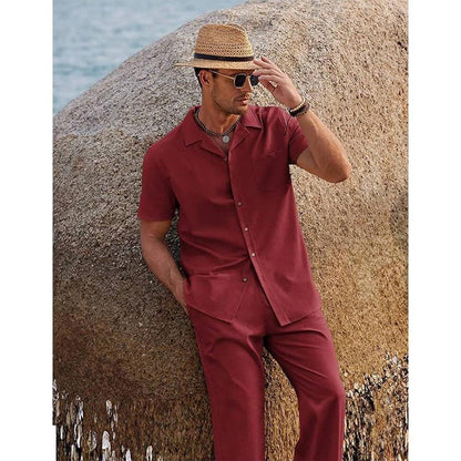 American-style Vintage Short-sleeve Shirt And Casual Trousers Two-piece Set