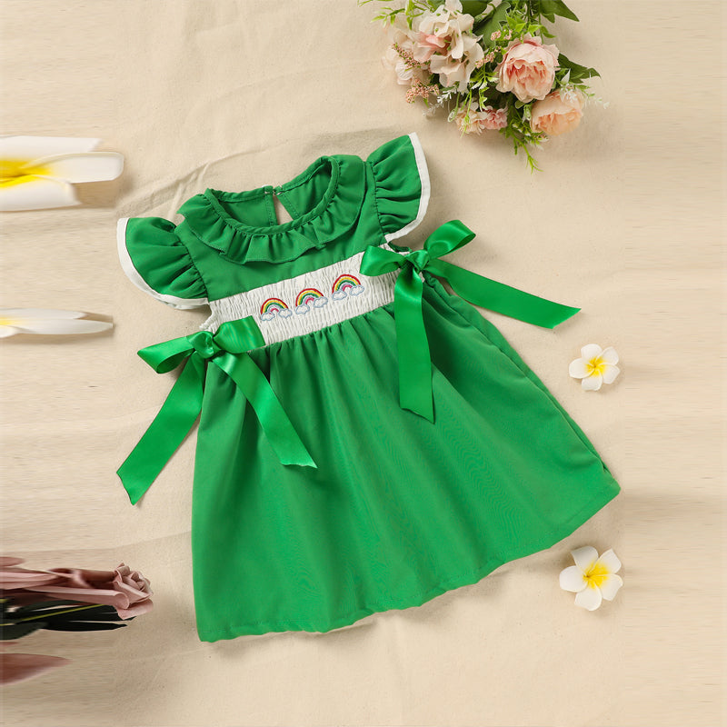 Toddler Girl's Ruffle Sleeve Dress Rainbow Embroidery & Bow Detail With Back Button Closure