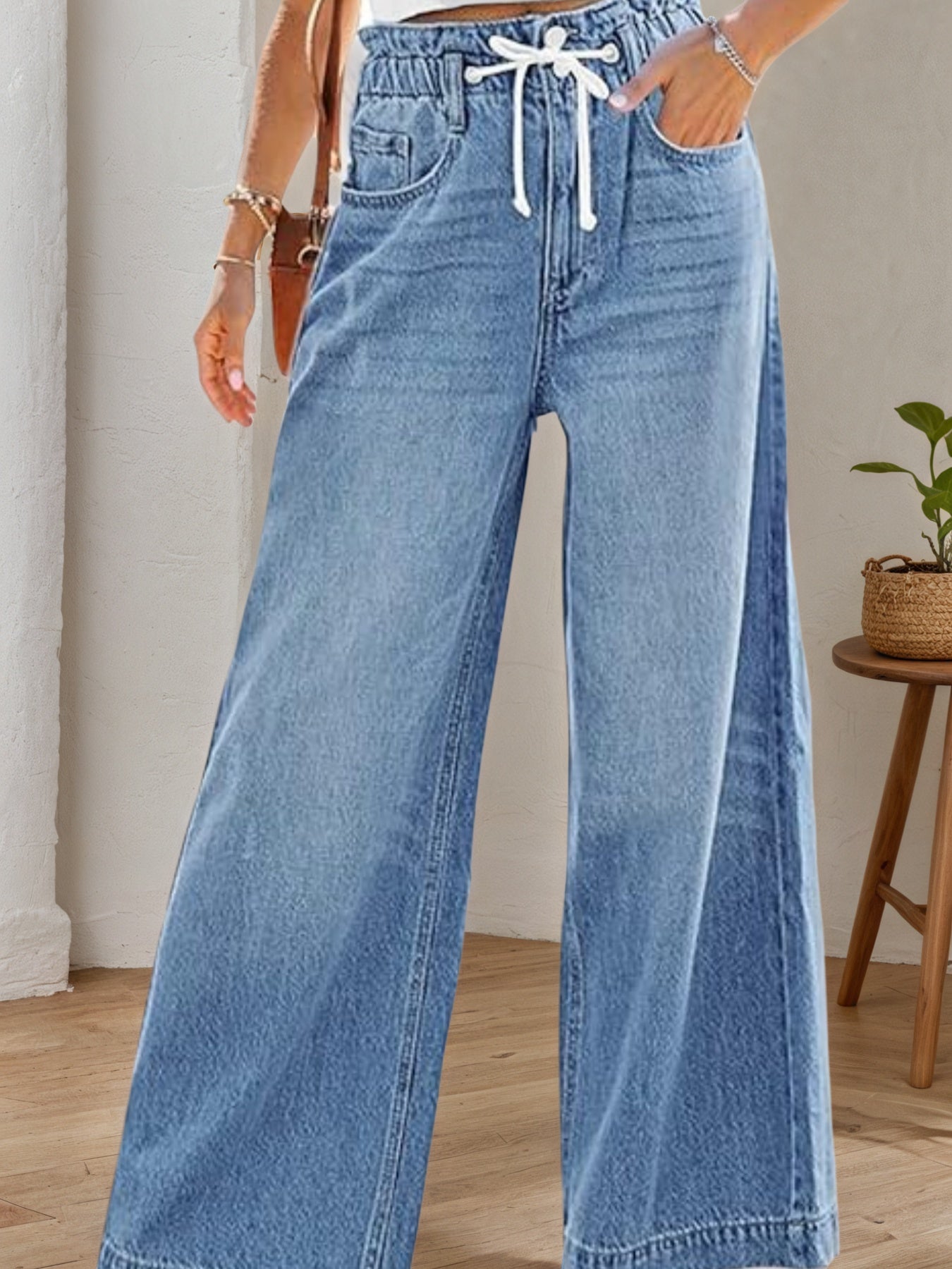 New Women’s Wide Leg Jeans Elastic High Waist Elastic Waist Bellbottom Pants Loose Y2K Pants