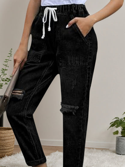 New Women’s Casual Set Wearing Distressed Stretch Jeans, Elastic Waisted Jeans, Denim Jogging Pants
