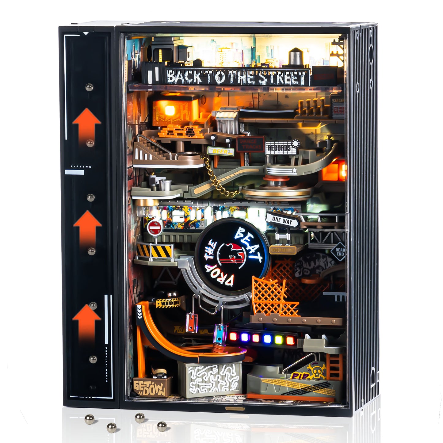 ROKR Parallel World Hip Hop Street Pinball Track, Mechanical 3D Puzzle With LED Lights And Automatic Lifting Function, USB Powered, Cyberpunk Desktop Ornament, DIY Model Assembly Kit MR03S