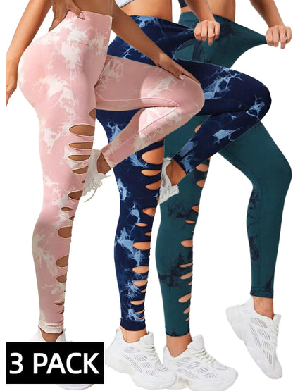 3 PACK Butt Lifting Yoga Gym Athletic Pants, Hollow Out Tummy Control Sports Leggings Tie Dye Running Pants