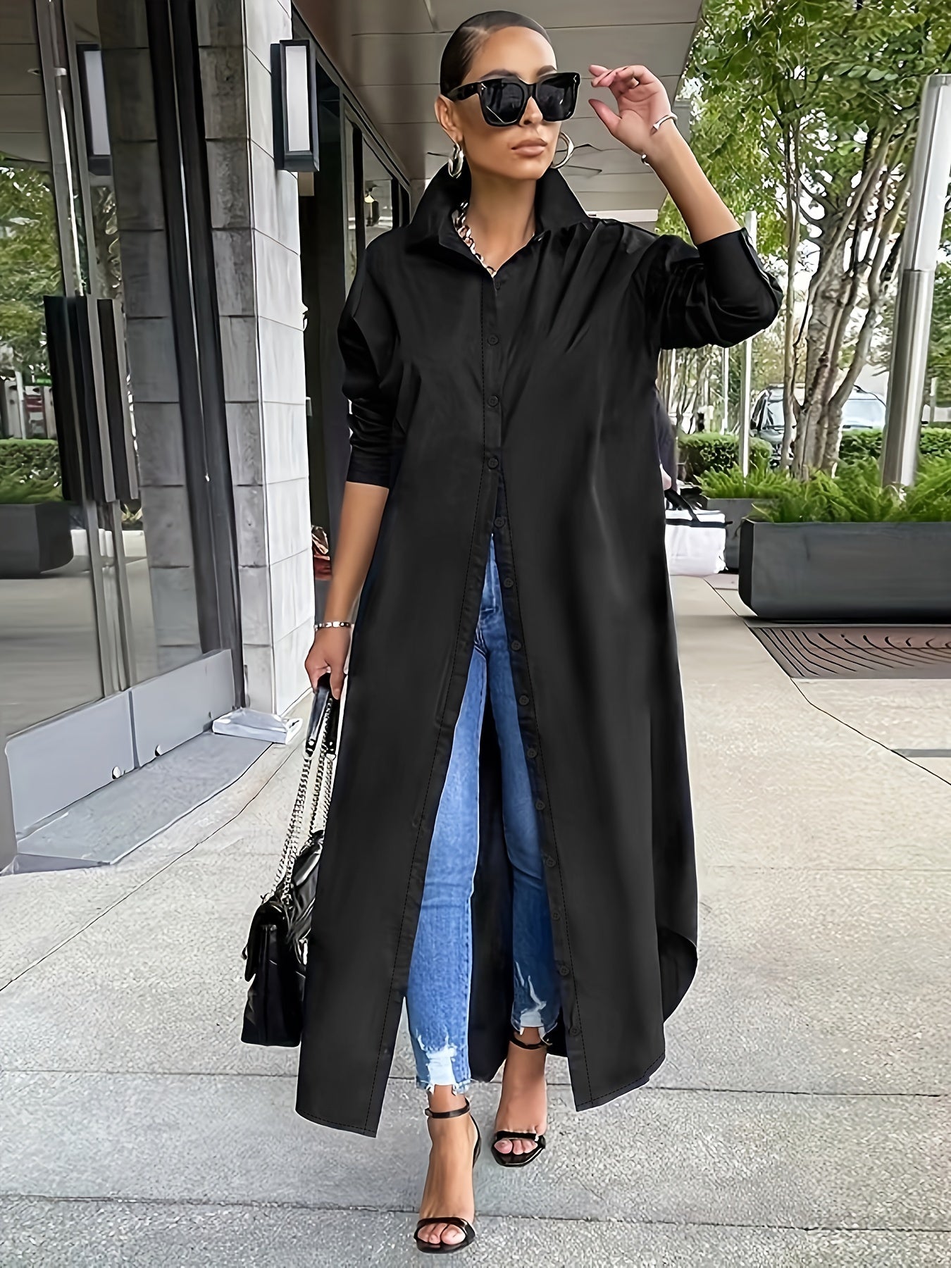 Women's Solid Button Design Longline Shirt, Casual Long Sleeve Outerwear For Daily Wear, Ladies Clothes For All Seasons, Top