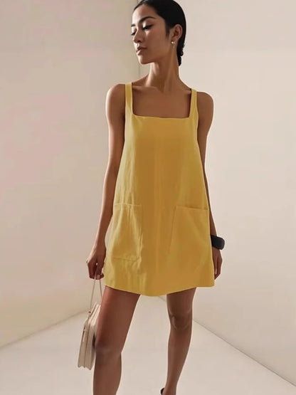 Stylish Versatile Loose-fitting Solid-color Slip Dress With Pockets