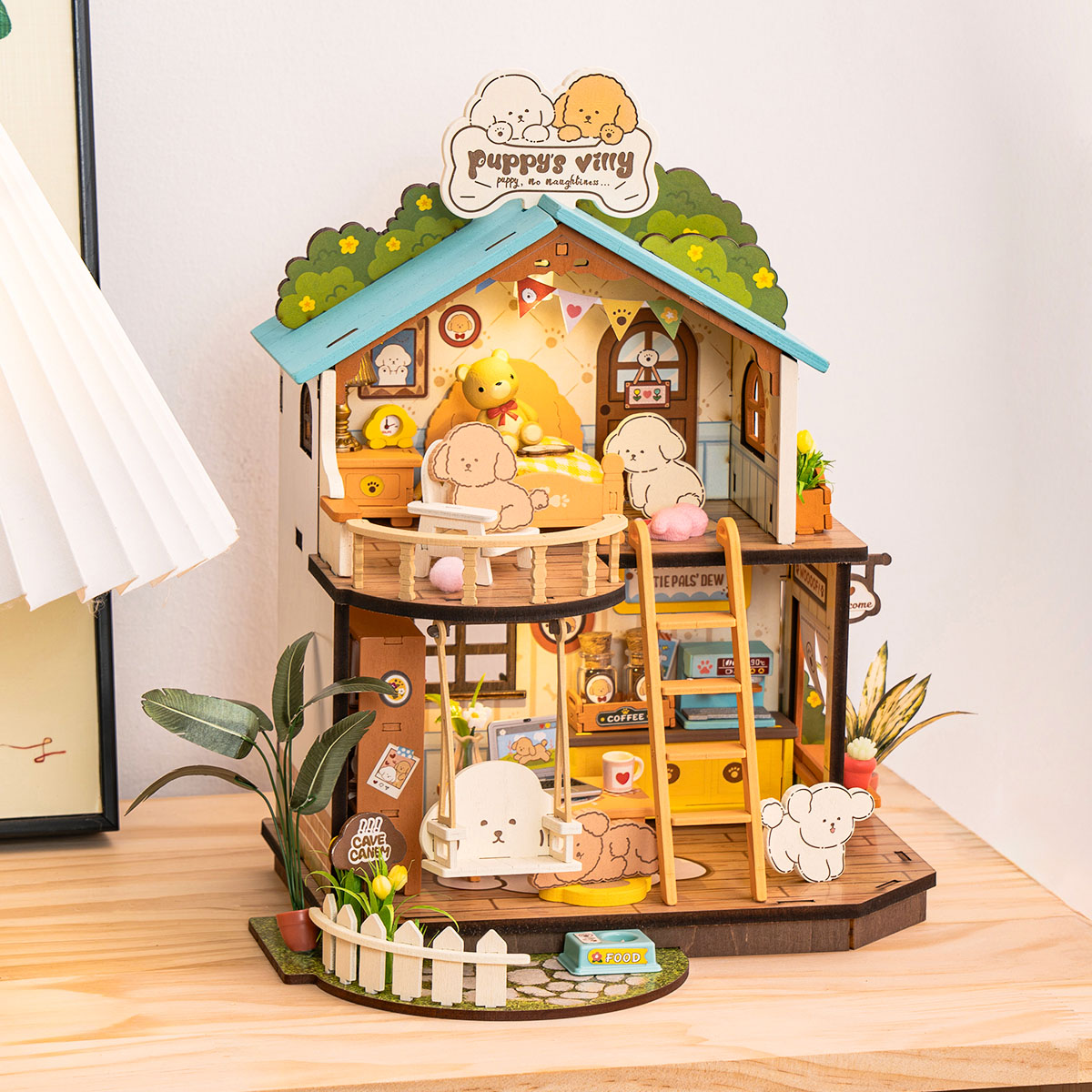 ROBOTIME DIY Miniature Dollhouse Kit - Puppy's Cozy Villa With LED Lights And Furniture, Wooden Model Building Set For Adults And Kids, Creative Gift For Leisure Time