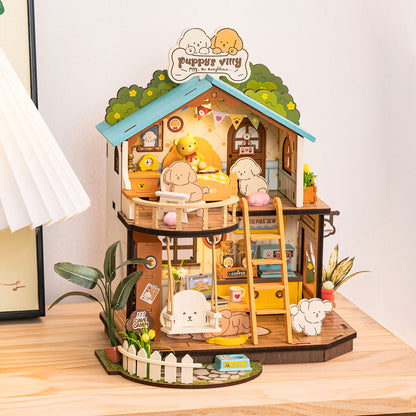 ROBOTIME DIY Miniature Dollhouse Kit - Puppy's Cozy Villa With LED Lights And Furniture, Wooden Model Building Set For Adults And Kids, Creative Gift For Leisure Time