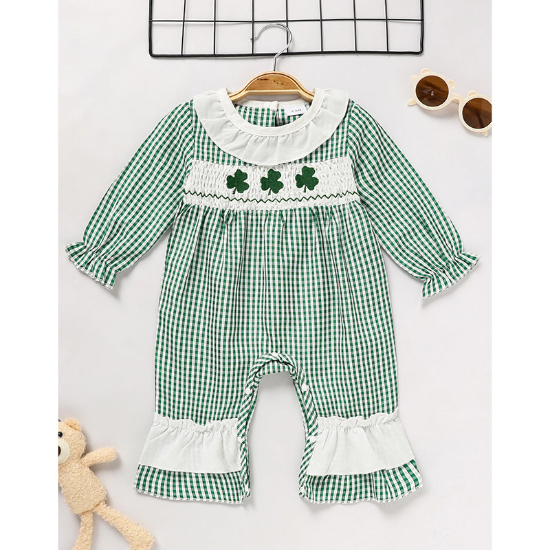 Ewborn Baby Girls Green Plaid Four-leaf Clover Allover Print One-piece Long Sleeve Bodysuit