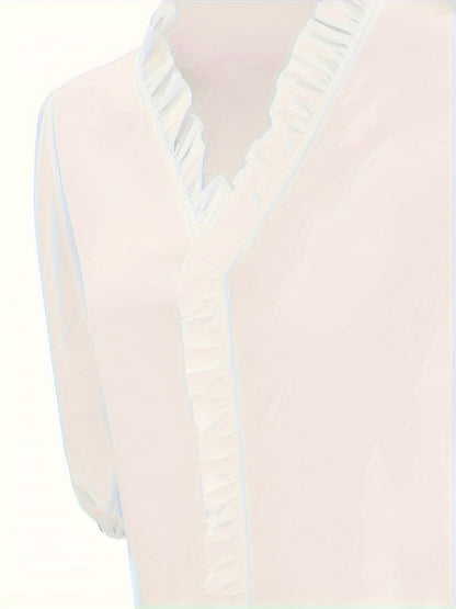 Pure Color Ruffle Hemline Shirt, Casual V-neck Long Sleeve Shirt.