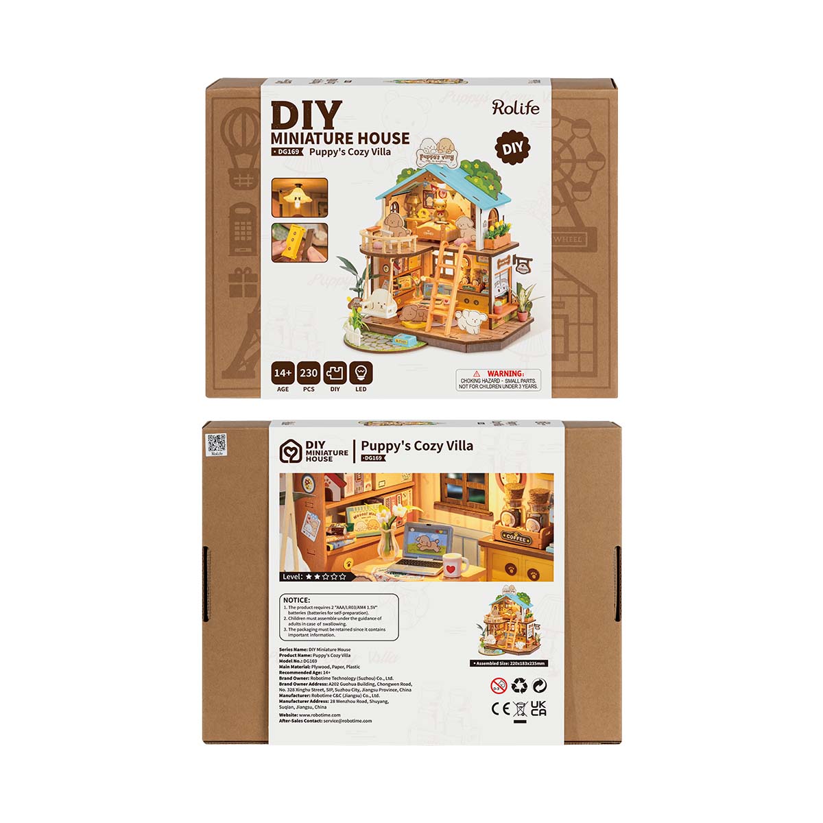 ROBOTIME DIY Miniature Dollhouse Kit - Puppy's Cozy Villa With LED Lights And Furniture, Wooden Model Building Set For Adults And Kids, Creative Gift For Leisure Time