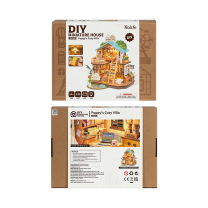 ROBOTIME DIY Miniature Dollhouse Kit - Puppy's Cozy Villa With LED Lights And Furniture, Wooden Model Building Set For Adults And Kids, Creative Gift For Leisure Time