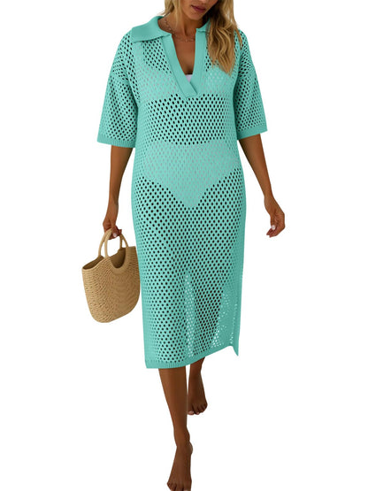 Fisoew Womens Crochet Swimsuit Coverup Summer Hollow Out Short Sleeve V Neck Bikini Coverups Vacation Beach Maxi Dress